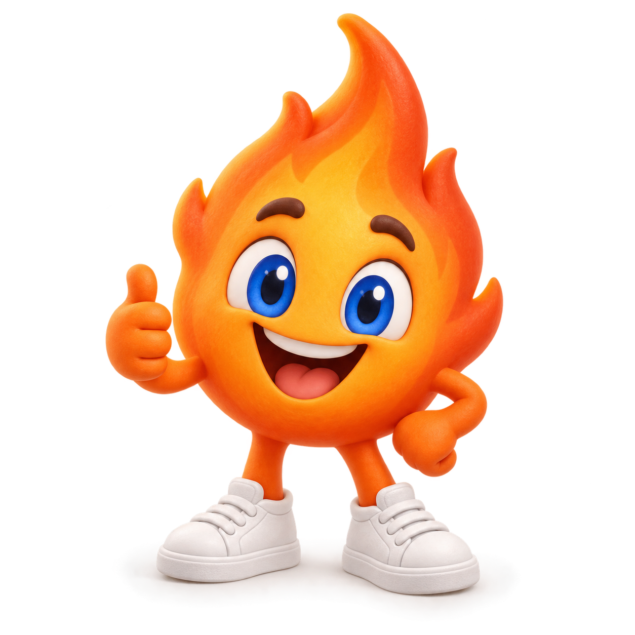 A cheerful orange flame wearing white sneakers